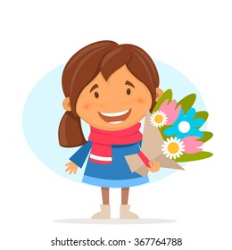 Cute girl in cartoon style with flowers. Vector illustration on the theme of spring and Easter.