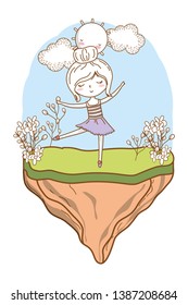 Cute girl cartoon stylish outfit nature frowers background