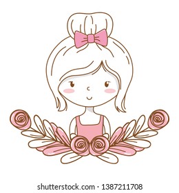 Cute girl cartoon stylish outfit dress portrait floral wreath frame