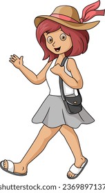 Cute girl cartoon in summer hat and bag