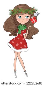 Cute girl cartoon vector.Christmas card.