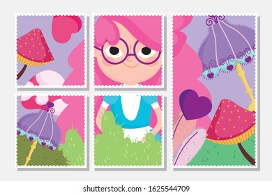 cute girl cartoon vegetation nature children character cards vector illustration