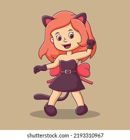 Cute girl cartoon wearing cat costume celebrating Halloween. Witch Mascot Cartoon Character. Halloween Icon Concept White Isolated. Flat Cartoon Style Suitable for Web Landing Page, Banner, Flyer