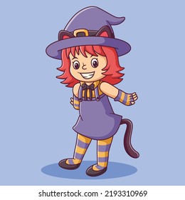 Cute girl cartoon wearing cat costume celebrating Halloween. Witch Mascot Cartoon Character. Halloween Icon Concept White Isolated. Flat Cartoon Style Suitable for Web Landing Page, Banner, Flyer