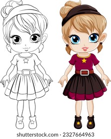 Cute girl cartoonl and its doodle coloring character illustration