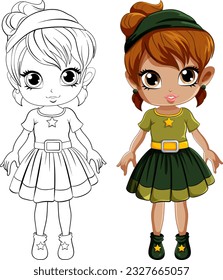 Cute girl cartoonl and its doodle coloring character illustration