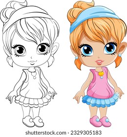 Cute girl cartoonl and its doodle coloring character illustration