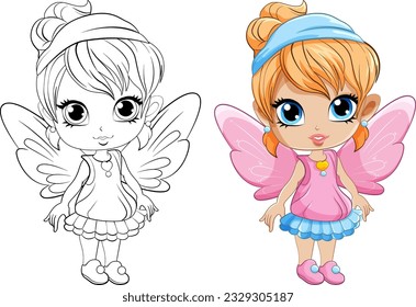 Cute girl cartoonl and its doodle coloring character illustration