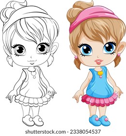 Cute girl cartoonl and its doodle coloring character illustration