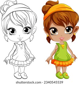 Cute girl cartoonl and its doodle coloring character illustration