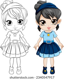 Cute girl cartoonl and its doodle coloring character illustration