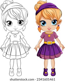 Cute girl cartoonl and its doodle coloring character illustration