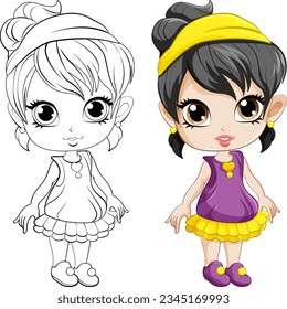 Cute girl cartoonl and its doodle coloring character illustration