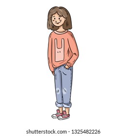 Cute girl in casual clothes. Comic style cartoon image of pretty teenager girl