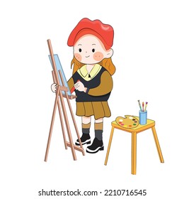 Cute girl in casual wear dress do hobbies indoors. A girls drawing enjoying her time. Kid graphic design. Image for card,poster, school book.Isolated.Kawaii.Vector Illustration.