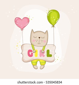 Cute Girl Cat with Balloons. Baby Shower or Arrival Card, in vector