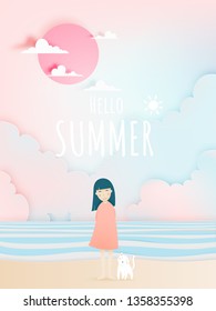 Cute girl and cat with Beautiful beach background paper art and pastel color scheme vector illustation