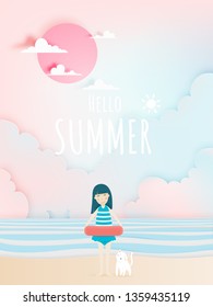 Cute girl and cat with Beautiful beach background paper art and pastel color scheme vector illustation