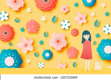 Cute girl and cat with Beautiful floral paper art and pastel color scheme vector illustation