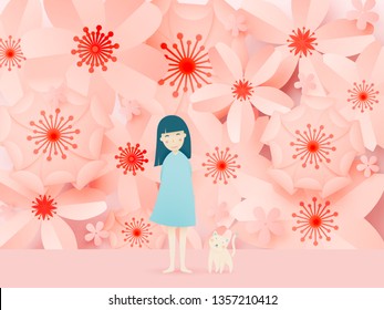 Cute girl and cat with Beautiful floral paper art and pastel color scheme vector illustation