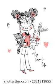 Cute girl with a cat and a bunny. Vector illustration.
