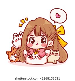 Cute girl with cat cartoon character hand draw art illustration