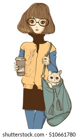 cute girl with cat and coffee