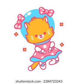 Cute girl cat cosmonaut in space in dress vector cartoon character isolated on a white background.