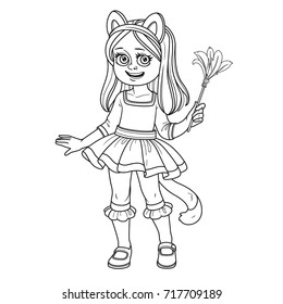 Cute girl in cat costume outlined for coloring page