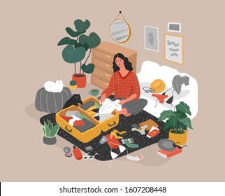 Cute girl with cat in cozy scandinavian home interior packing her suitcase and preparing for travel. Happy traveler getting ready for summer vacation. Cartoon colorful vector illustration