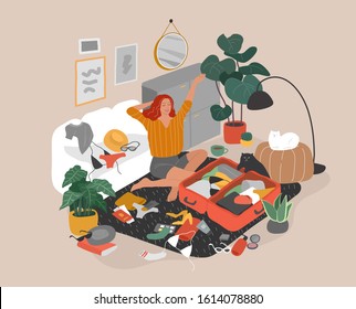 Cute girl with cat in cozy scandinavian home interior packing her suitcase and preparing for travel. Happy traveler getting ready for summer vacation. Cartoon colorful vector illustration