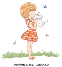 cute girl with cat design vector.T-shirt print