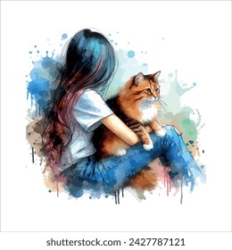 Pintura de arte digital de la muchacha y del gato lindo