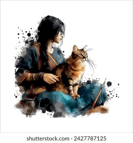 Pintura de arte digital de la muchacha y del gato lindo