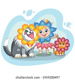 Cute girl, cat and dog with headgear in forme of flowers. Cartoon characters. Vector isolated illustration. For print and design, posters, nursery design, stickers, decor, party, t-shirt, kids apparel