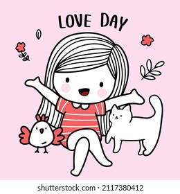 Cute Girl and cat drawing cartoon style, young couple for Valentine's card with text, cartoon character flat design vector illustration