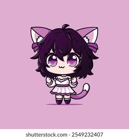 Una chica linda con la oreja de gato y la cola de dibujos animados Ilustración vectorial Icon Concepto aislado Premium Vector. Vestido blanco y rosa de estilo de dibujos animados