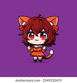 A Cute Girl with Cat Ear and Tail Cartoon Vector Illustration Icon Concept Isolated Premium Vector. Flat Cartoon Style orange dress