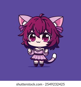 A Cute Girl with Cat Ear and Tail Cartoon Vector Illustration Icon Concept Isolated Premium Vector. Flat Cartoon Style pink and purple color dress