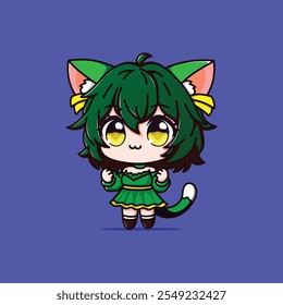 A Cute Girl with Cat Ear and Tail Cartoon Vector Illustration Icon Concept Isolated Premium Vector. Flat Cartoon Style dark green and yellow dress
