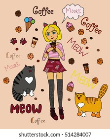 cute girl with cat ears with cats mewing surrounded by sweets and flowers