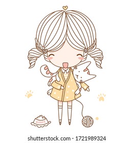 Cute girl with cat, fashion girl, young girl, sweet girl. Flat character design. Vector illustration for the t-shirt, print book, greeting card.