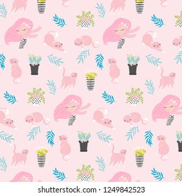 Cute girl and cat with flowers vector pattern.