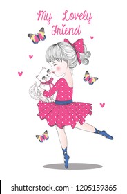 cute girl and cute cat friends vector illustration graphic design