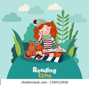 Cute girl with cat in the garden. Girl reads a book. Nature landscape background. Summer holidays illustration. Vacation time