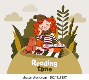 Cute girl with cat in the garden. Girl reads a book. Nature landscape background. Summer holidays illustration. Vacation time