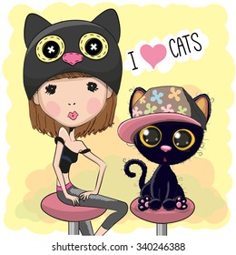 Cute Girl in a cat hat with kitten