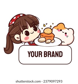 Cute girl with cat and honey toast sweet food logo banner cartoon drawing vector illustration