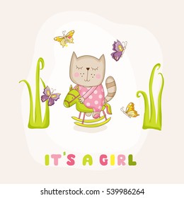 Cute Girl Cat on a Horse. Baby Shower or Arrival Card, in vector