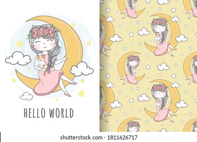 cute girl with cat on the moon seamless pattern